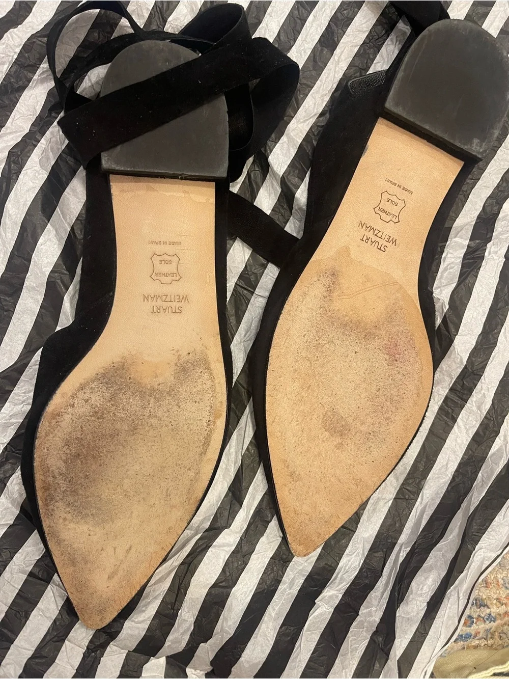 Stuart Weitzman Black Suede Pointed Tie-Back Flats with Ankle Ribbons - Picture 8 of 10